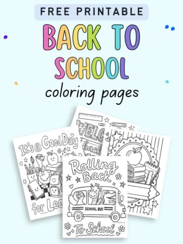 text "free printable back to school coloring pages" with preview of four back to school coloring sheets for kids