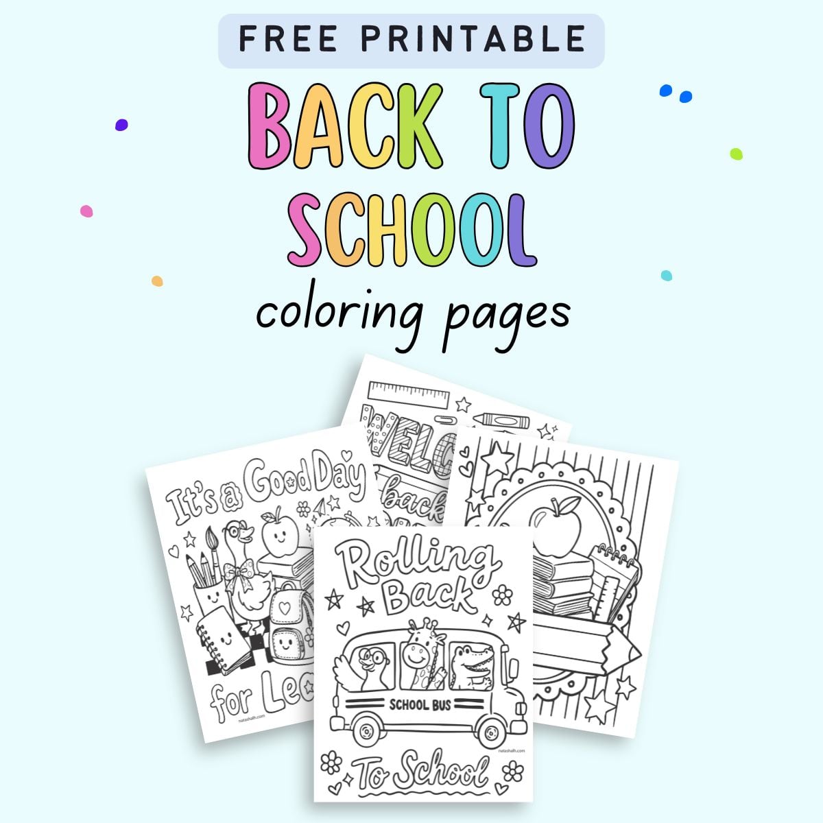 text "free printable back to school coloring pages" with preview of four back to school coloring sheets for kids