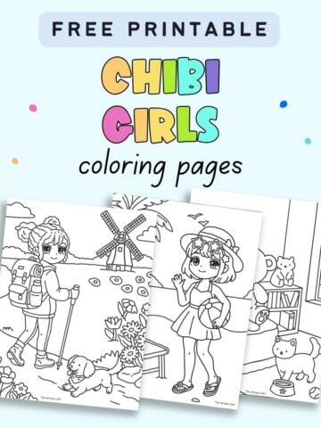 text "free printable chibi girls coloring pages' with a preview of three sheets of coloring page in the bold and easy style