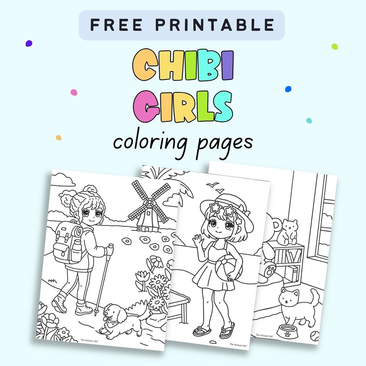 text "free printable chibi girls coloring pages' with a preview of three sheets of coloring page in the bold and easy style