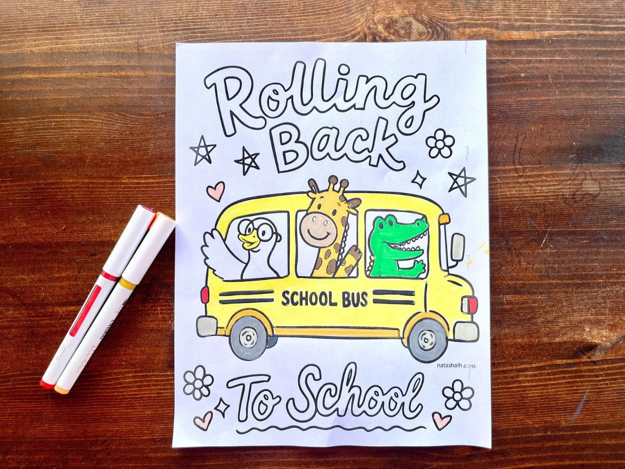 a partially colored back to school coloring page with a school bus and cute animals