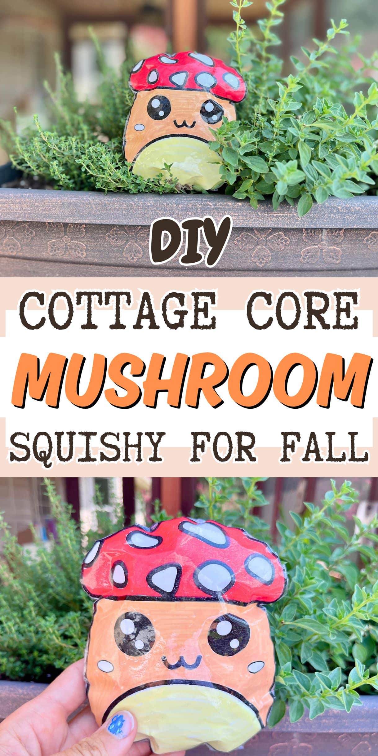 text "diy cottage core mushroom squishy for fall" with pictures of a cute. mushroom squishy in front of a planter box with herbs