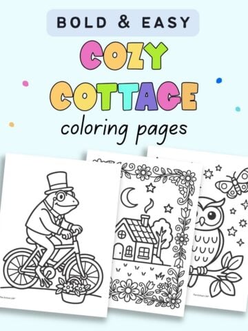 text "bold and easy cottage coloring pages" with a preview of three cottagecore style coloring pages including a frog, a cottage, and an owl