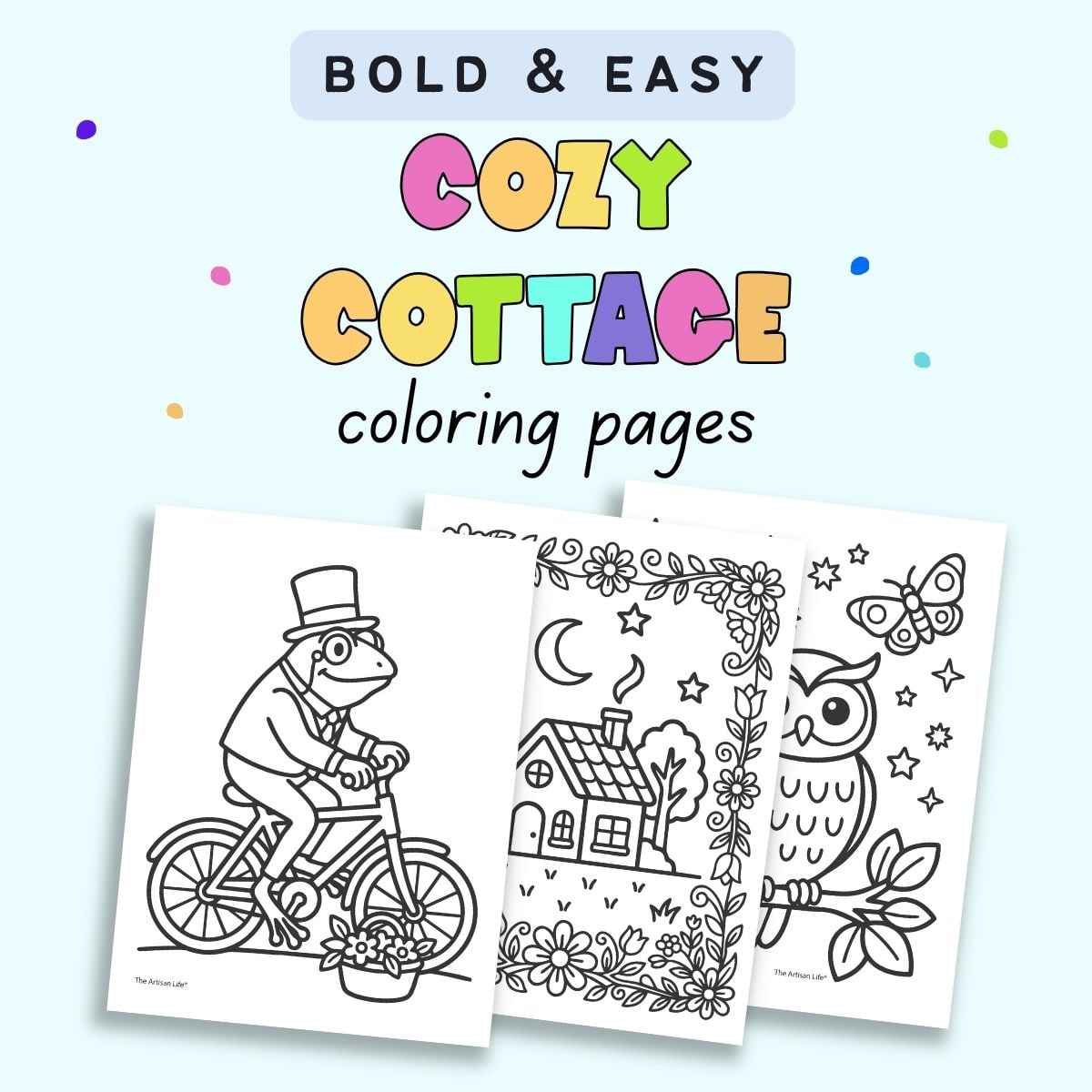 text "bold and easy cottage coloring pages" with a preview of three cottagecore style coloring pages including a frog, a cottage, and an owl