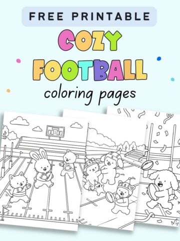 text "free printable cozy football coloring pages" with a preview of three coloring sheets showing cute animals playing football