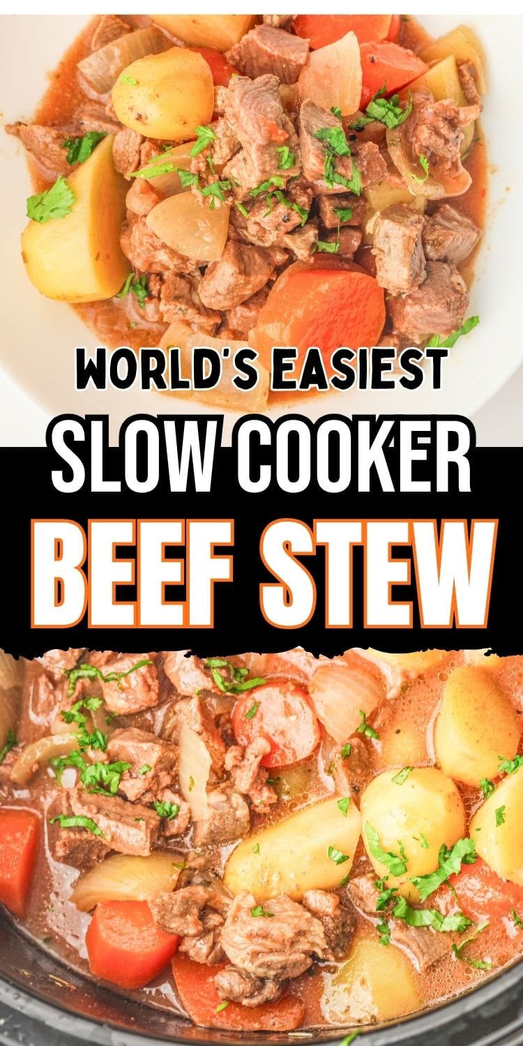 text "world's easiest slow cooker beef stew" with photos of slow cooker beef stew