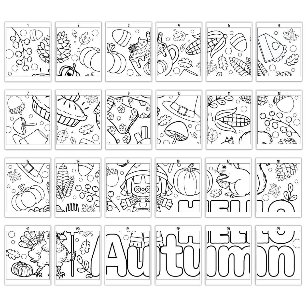 previews of 25 pages of a fall collaboration poster with sweaters, pumpkins, corn, squirrels, and more