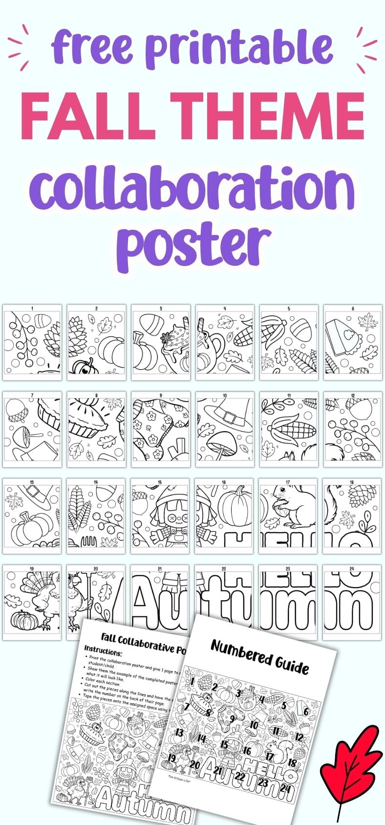 text "free printable fall theme collaboration poster" with a. preview of the completed poster