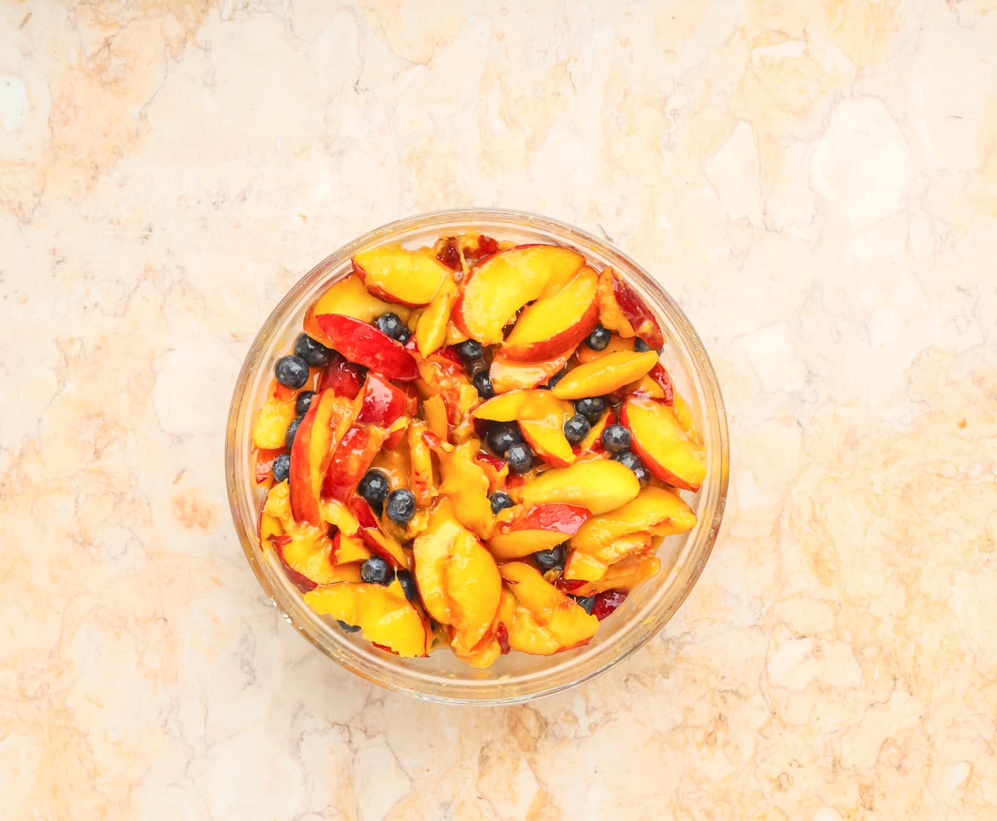 peace and blueberry pie filling in a bowl