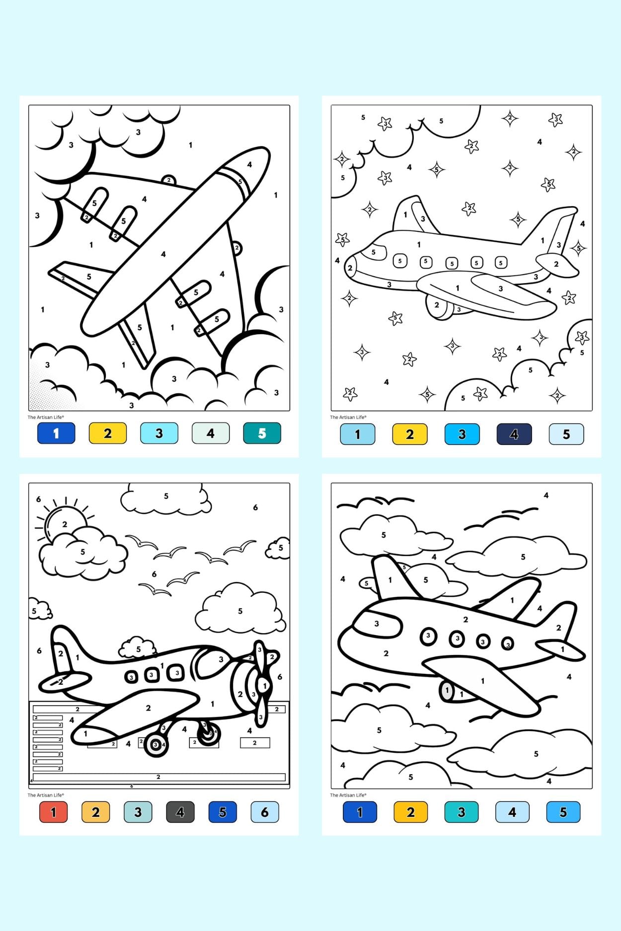 four airplane themed color by number pages with a color coded key