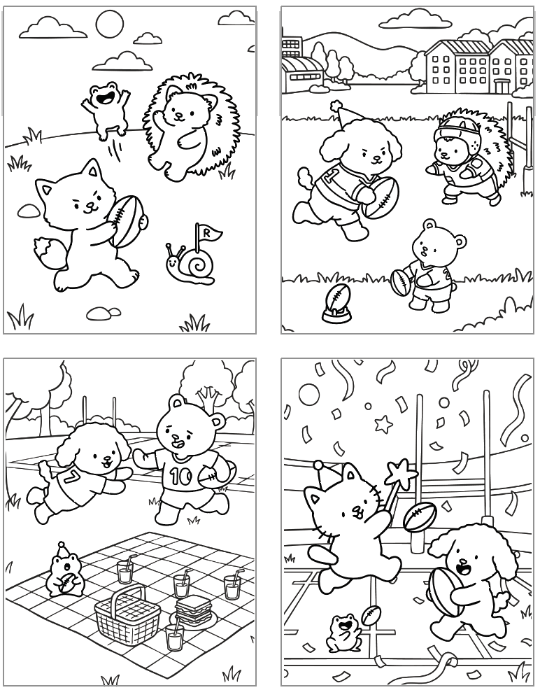 four bold and easy style football friends coloring pages showing cute animals playing football