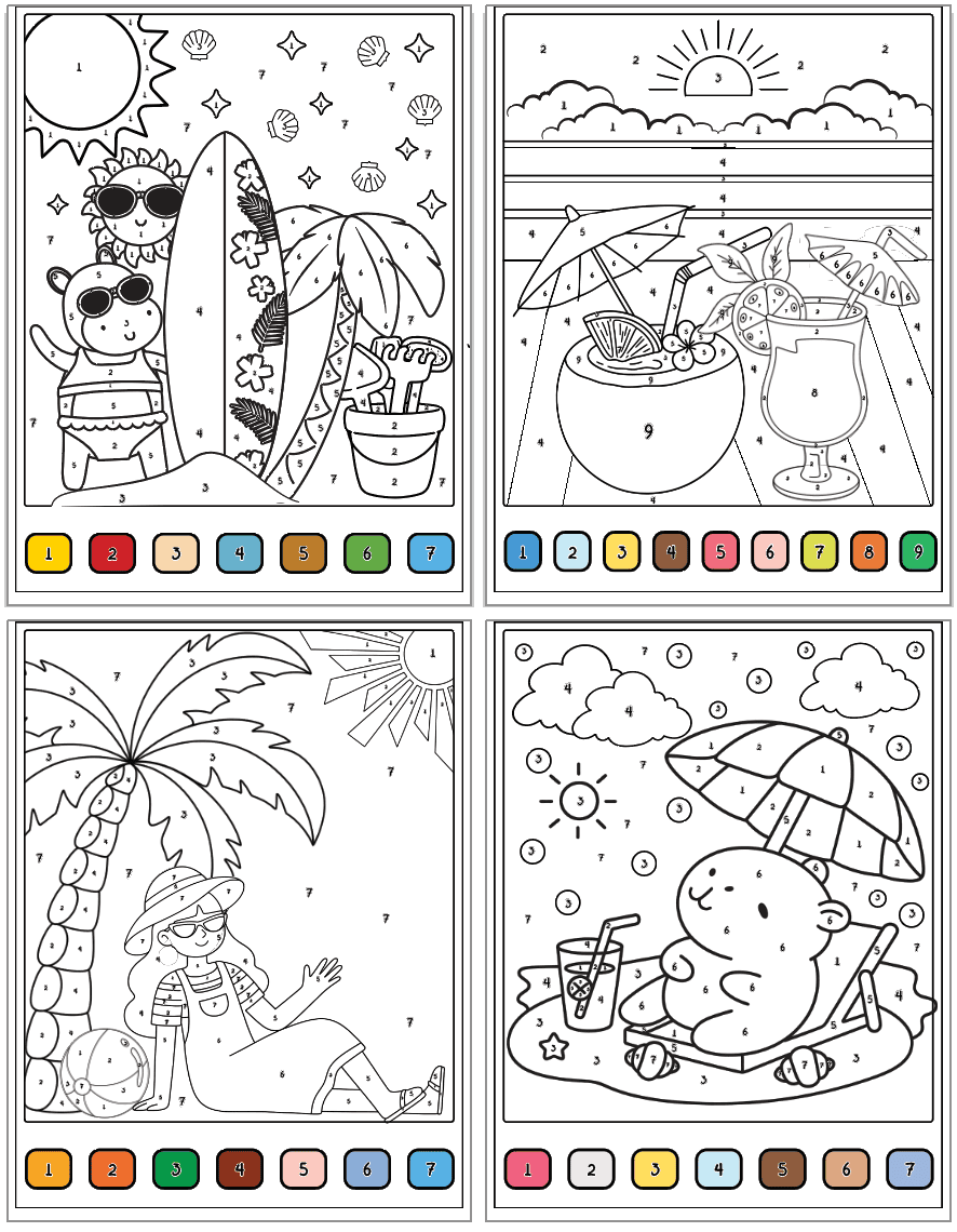 four color by number sheets for children with beach scenes and a color coded key one each page
