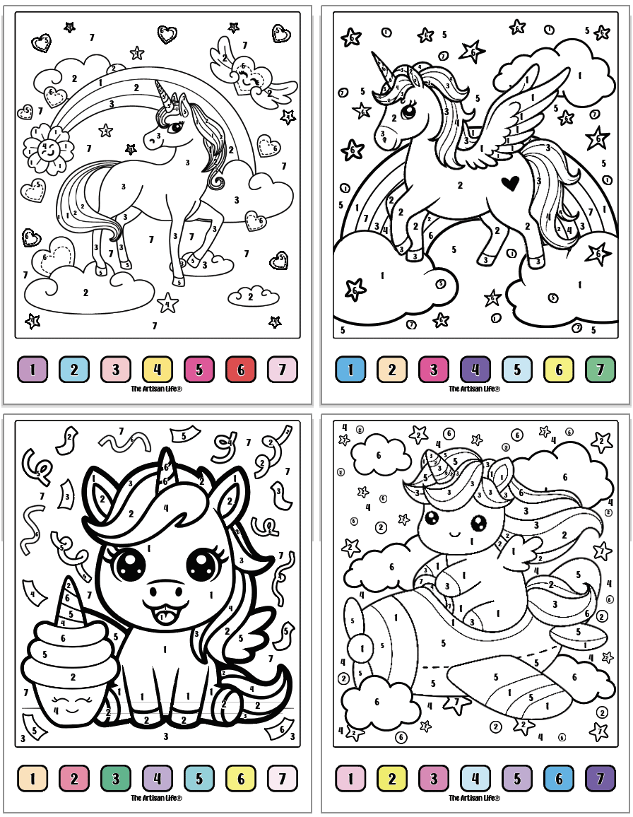 four unicorn themed color by number sheets with a visual color coded key on each page