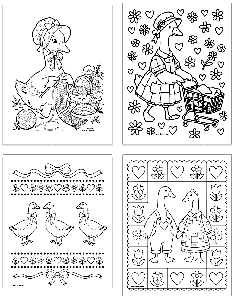 four coloring pages with vintage inspired goose images to color
