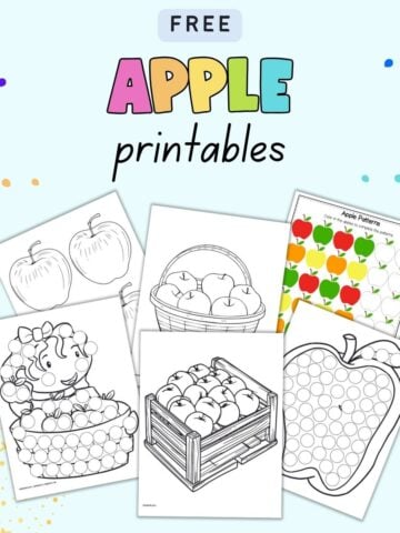 text "free apple printables" with a preview of six pages of apple printable including coloring pages and dot marker sheets
