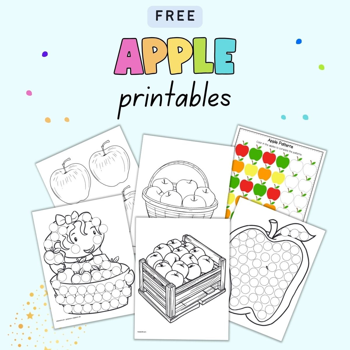 text "free apple printables" with a preview of six pages of apple printable including coloring pages and dot marker sheets