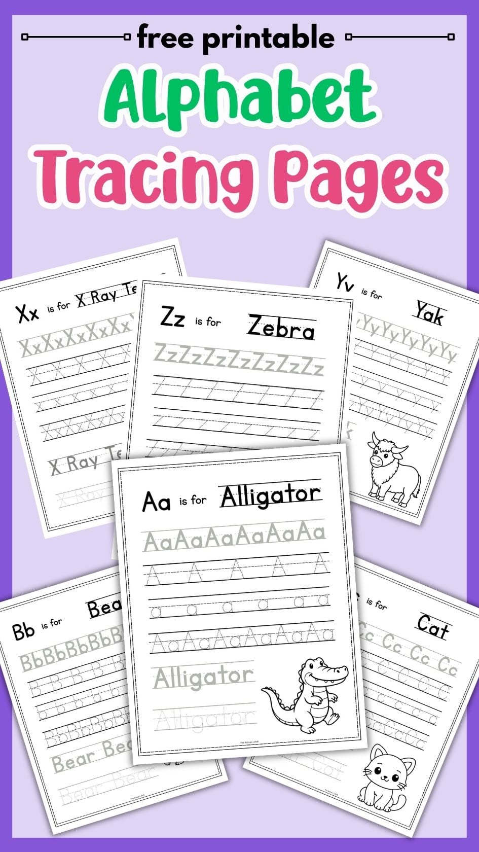 text "free printable alphabet tracing pages" with a preview of six alphabet tracing worksheets
