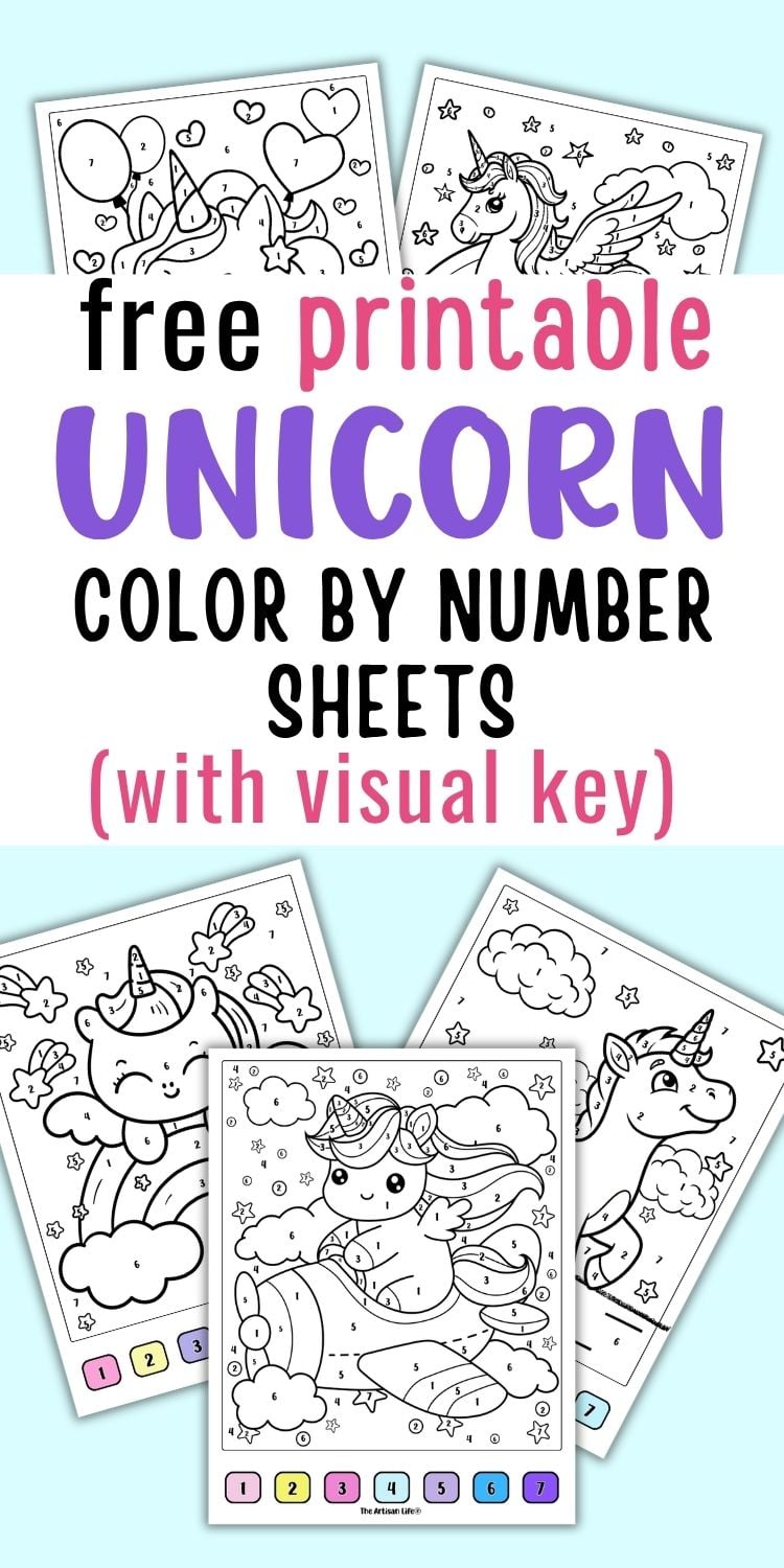 text "free printable unicorn color by number sheets with visual key" and a preview of five color by number pages