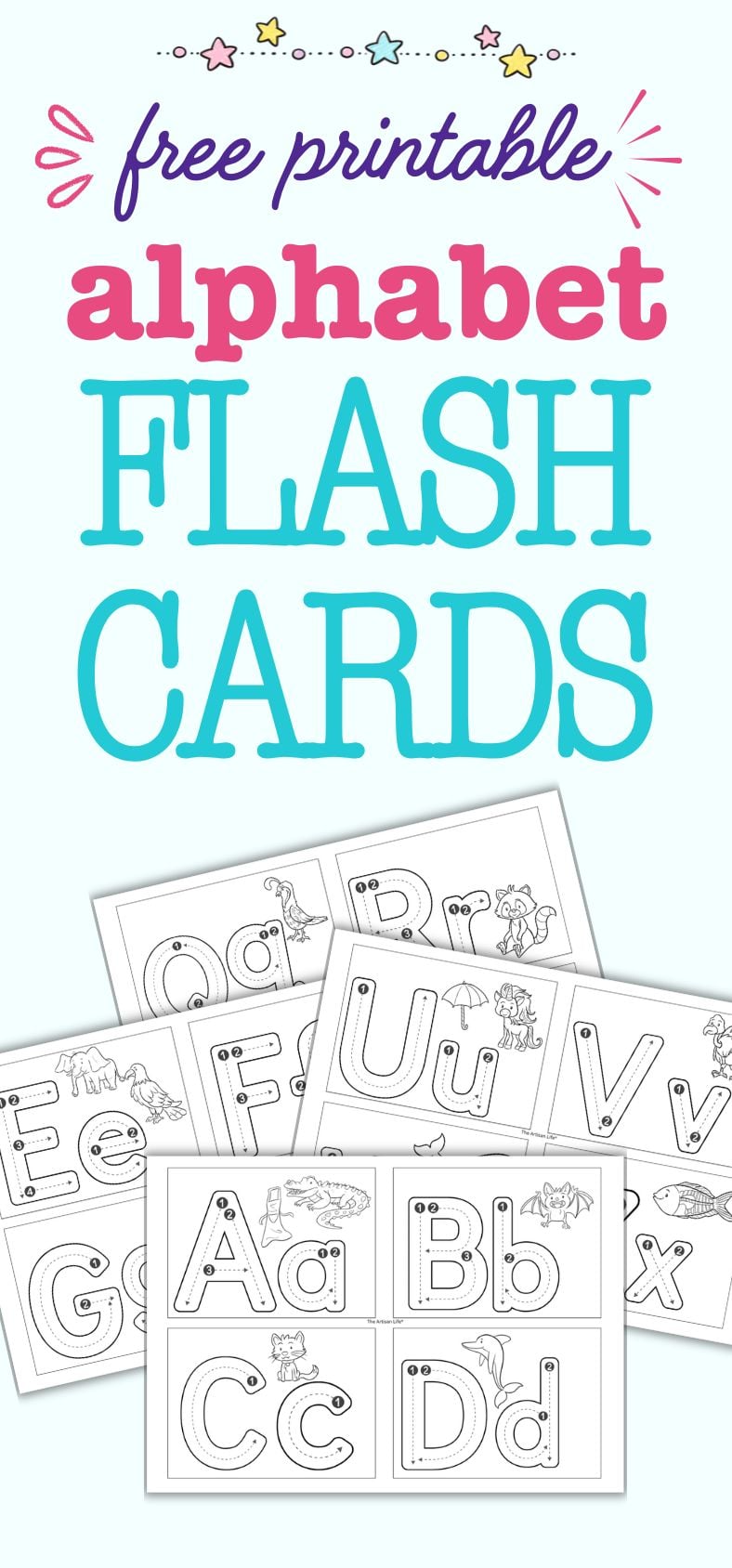 text "free printable alphabet flash cards" with four preview images of alphabet tracing cards with beginning letter sound clip cart