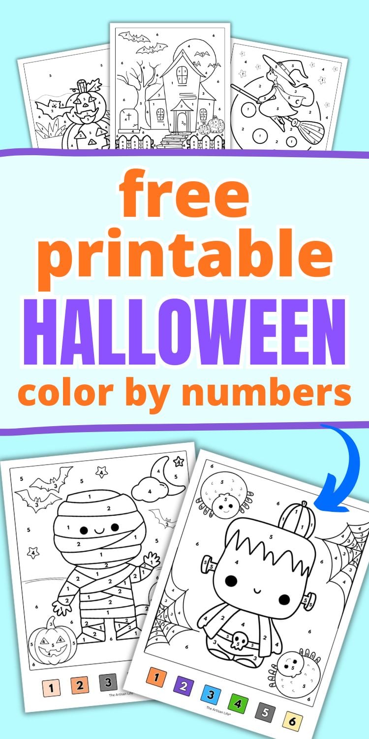 test "free printable halloween color by numbers" with preview of five halloween color by number pages with a visual key