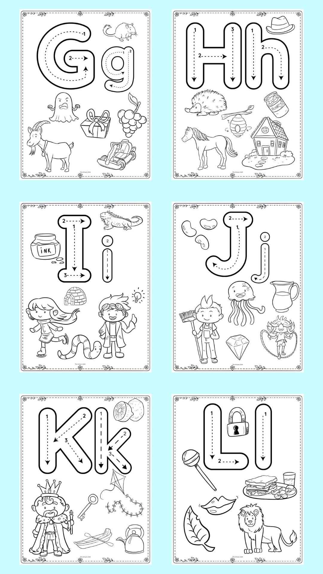 alphabet coloring pages with correct letter formation graphics and images to color. Letters shown are g - l