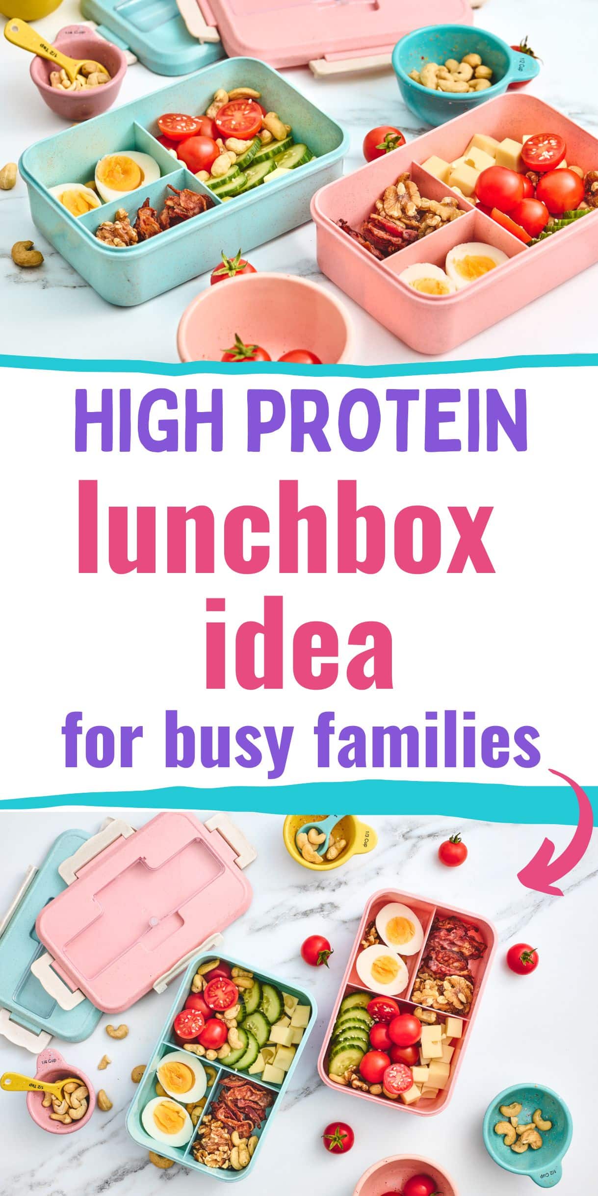 text "high protein lunchbox idea for busy families" with two photos of two kids lunchbox with nuts, eggs, and cheese