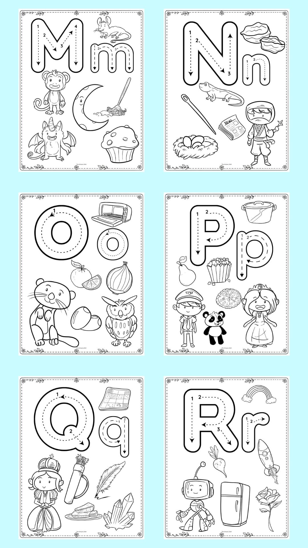 alphabet coloring pages with correct letter formation graphics and images to color. Letters shown are m - r