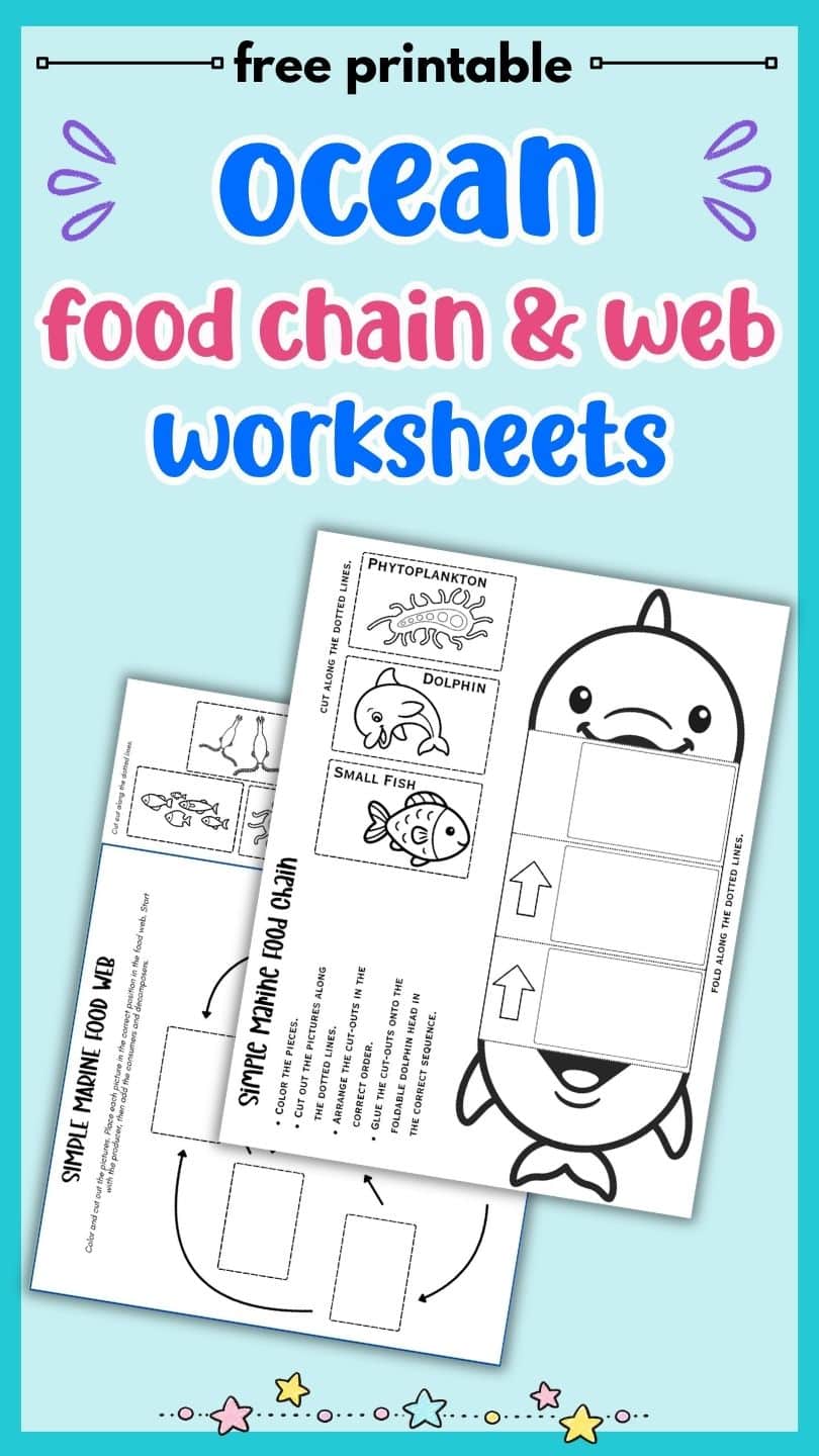 text "free printable ocean food chain and web worksheets" with a preview of cut and paste food chain and food web worksheets