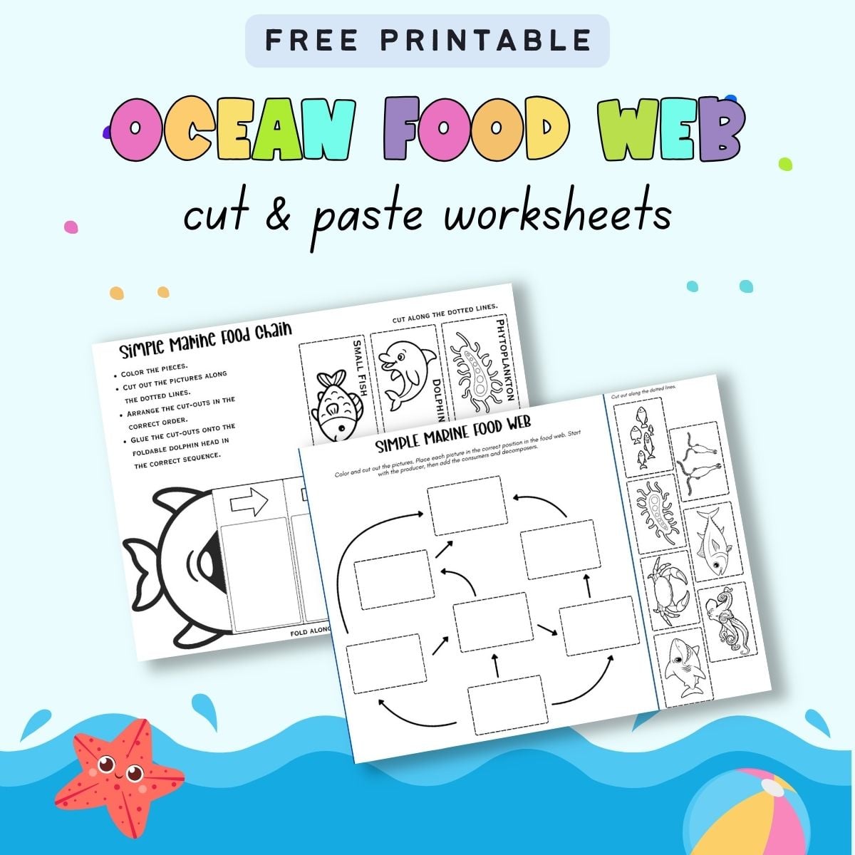 text "free printable ocean food web cut and paste worksheets" with preview of a food web and a food chain worksheet