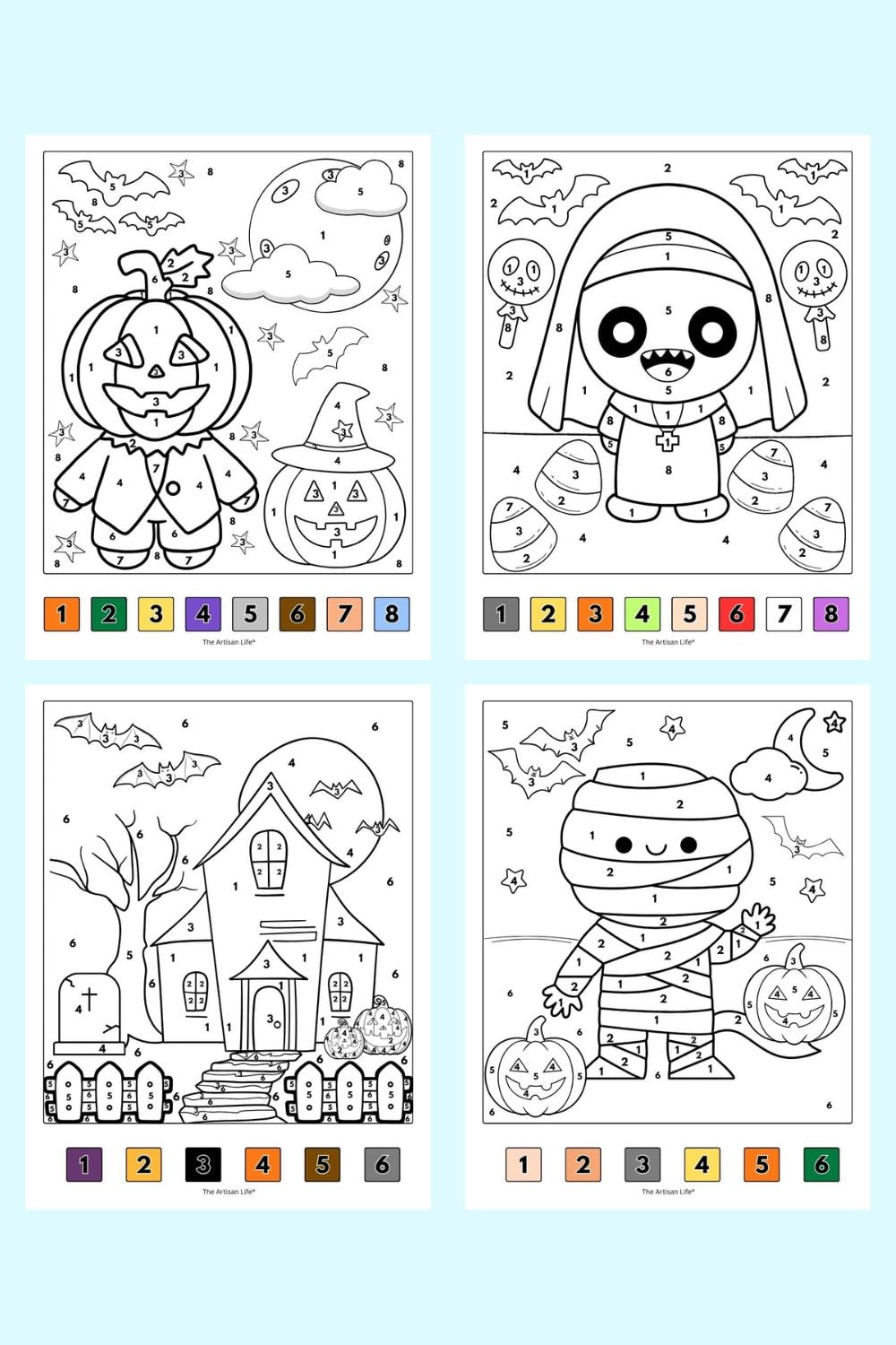 four halloween color by number pages with a color coded key