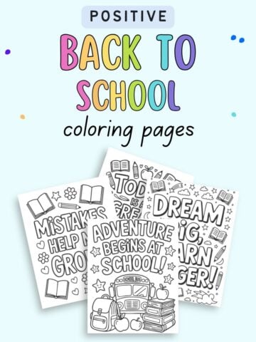 text "positive back to school coloring pages" with a preview of four pages with quotes like "mistakes help me grow"