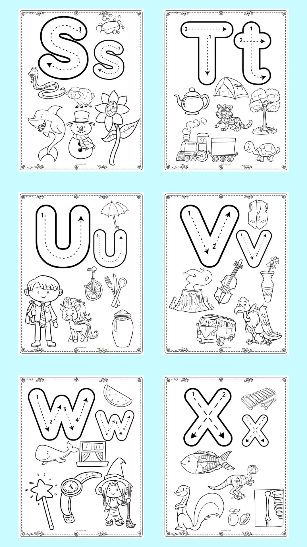 alphabet coloring pages with correct letter formation graphics and images to color. Letters shown are s - x