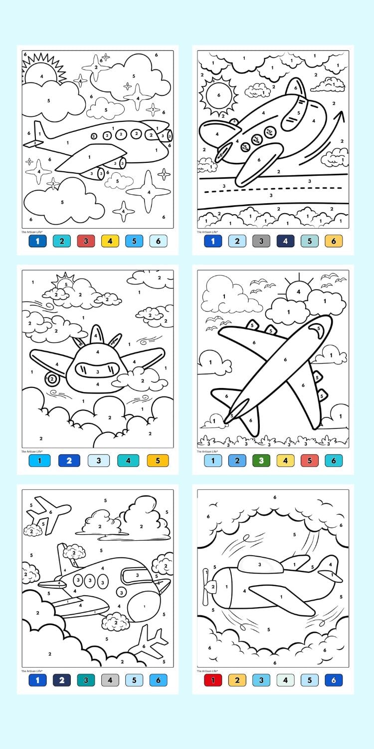 six airplane themed color by number pages with a color coded key