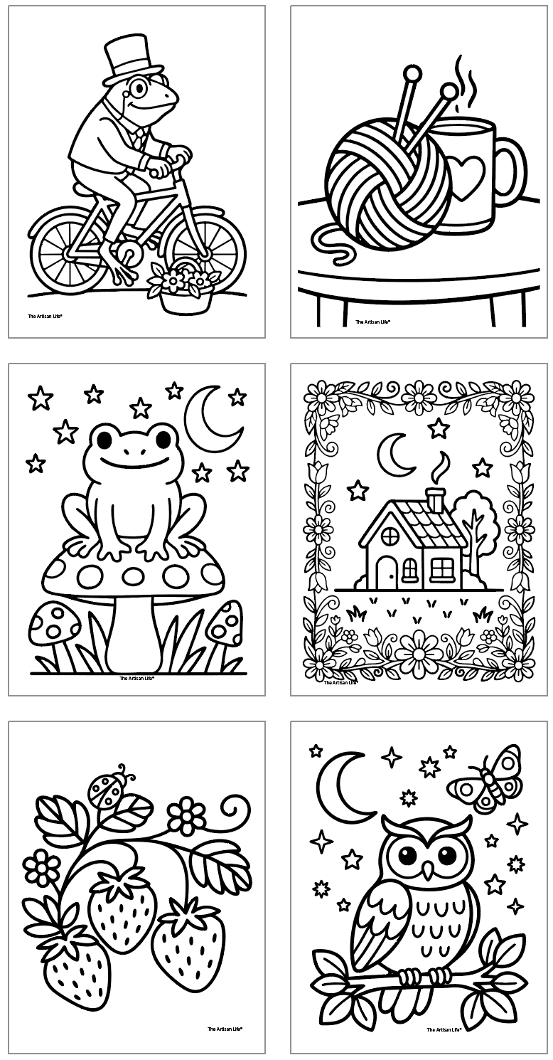 six cottagecore coloring pages including a frog, yarn, a frog on a mushroom, a cabin, strawberries, and an owl
