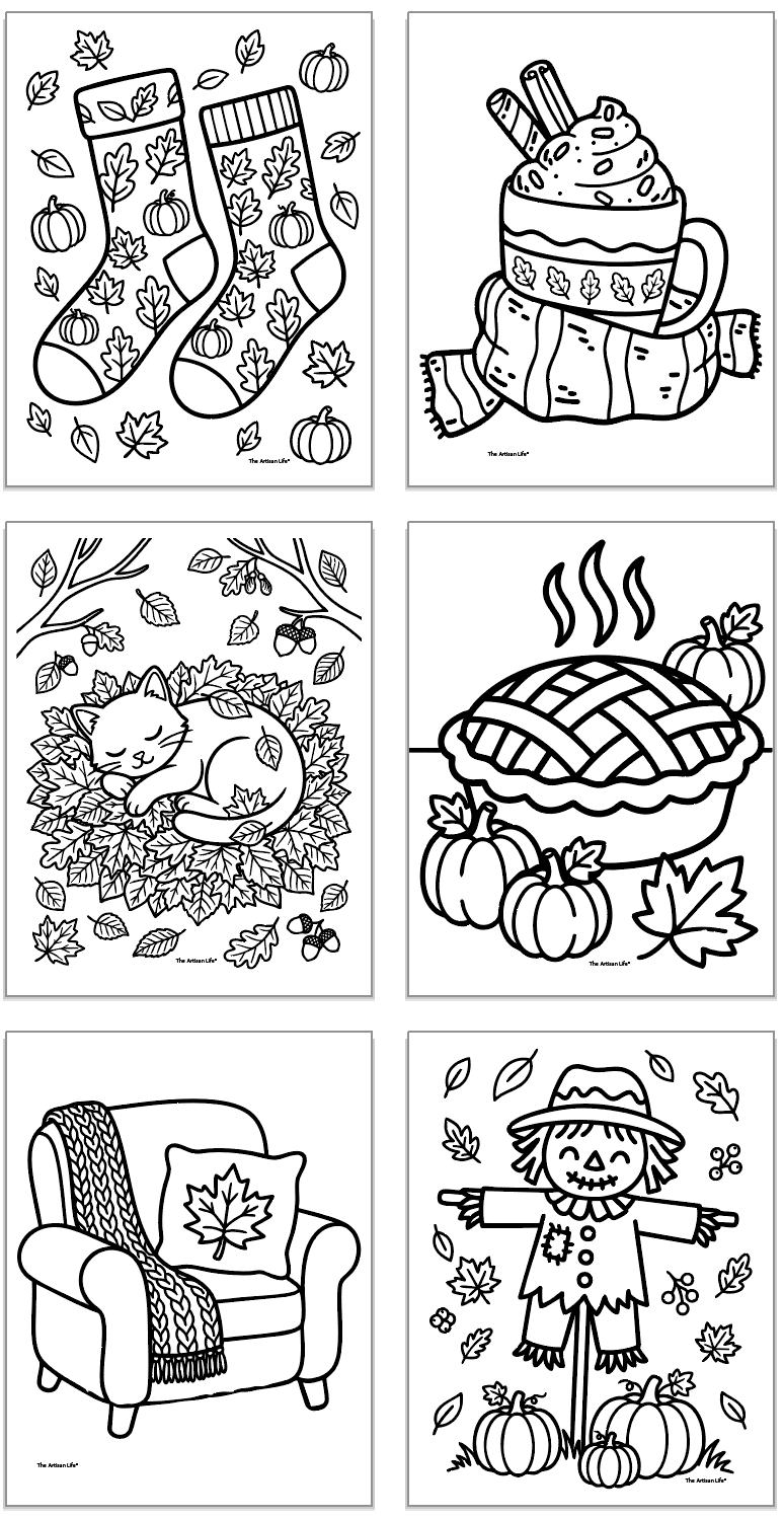 six fall coloring pages including a cat in leaves, a comfy chair, a scarecrow, a pumpkin pie, fall socks, and hot chocolate