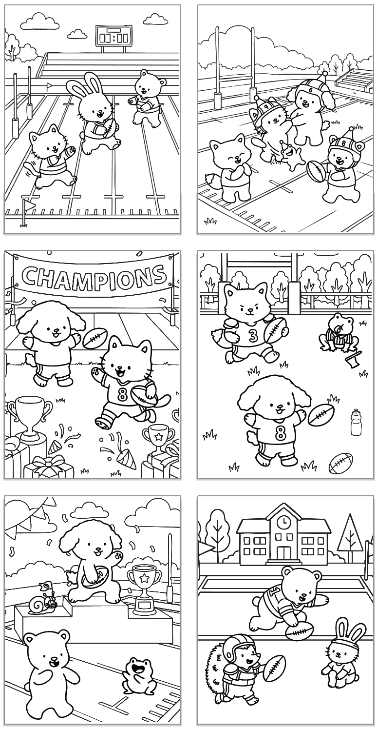 six bold and easy style football friends coloring pages showing cute animals playing football