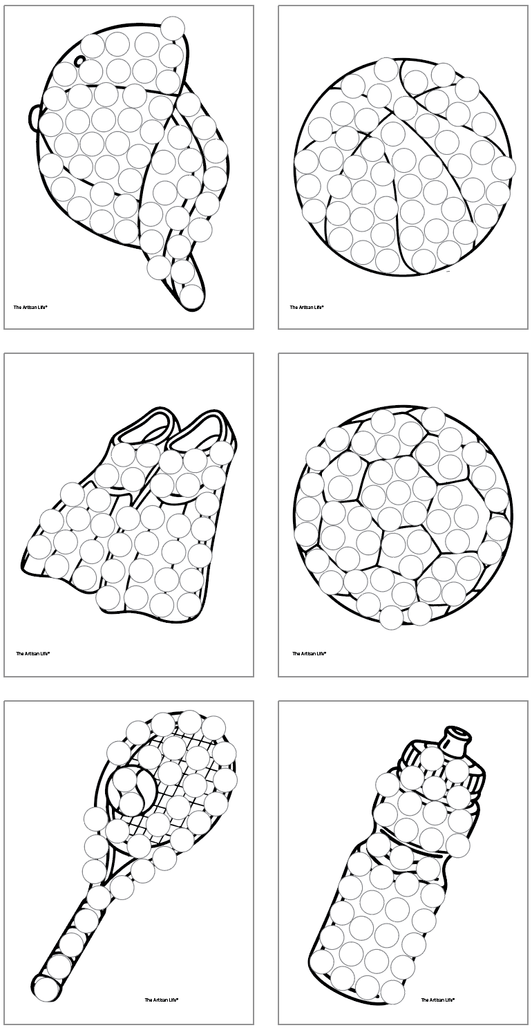 six sports themed dot marker coloring pages including swimming fins, a soccer ball, a tennis racket, a water bottle, and a ball cap
