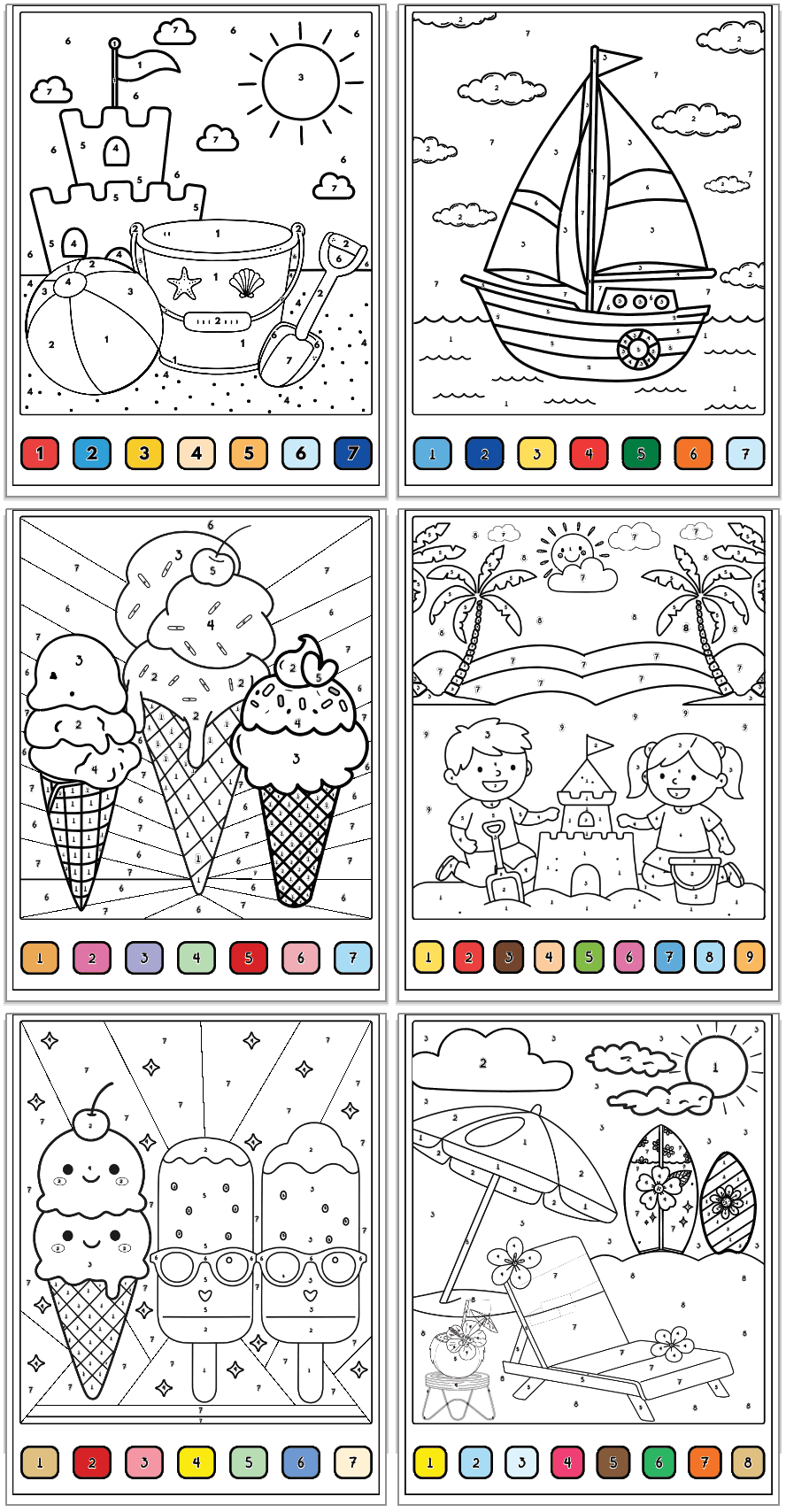 six color by number sheets showing summer beach scenes and a color coded key for each page