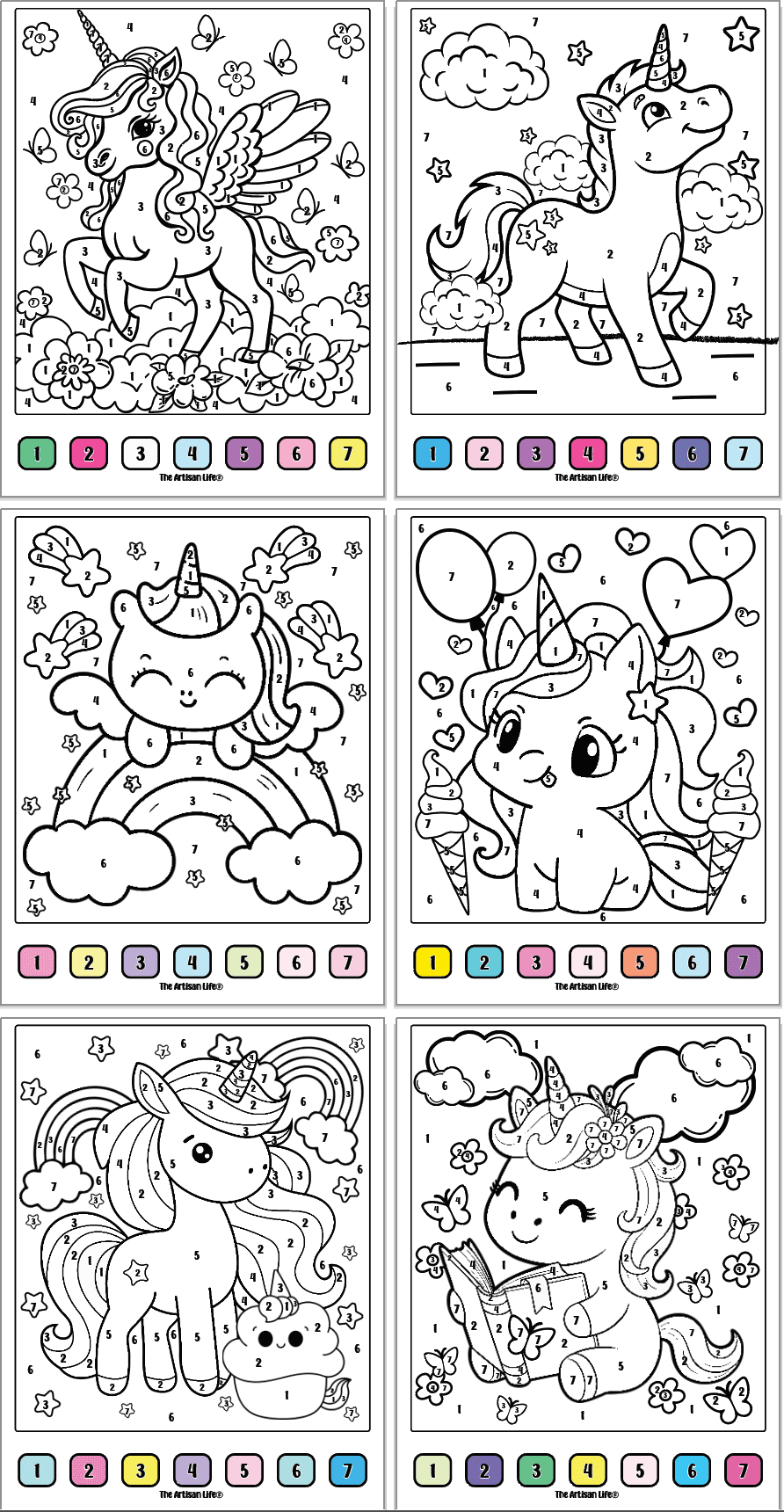 four unicorn themed color by number sheets with a visual color coded key on each page