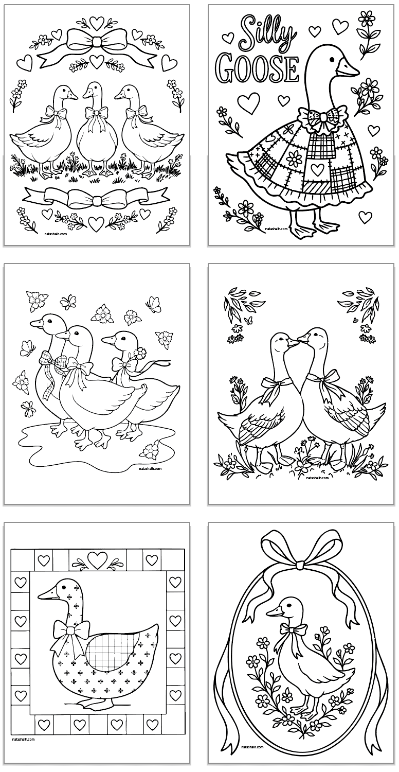 six coloring pages with vintage inspired goose images to color