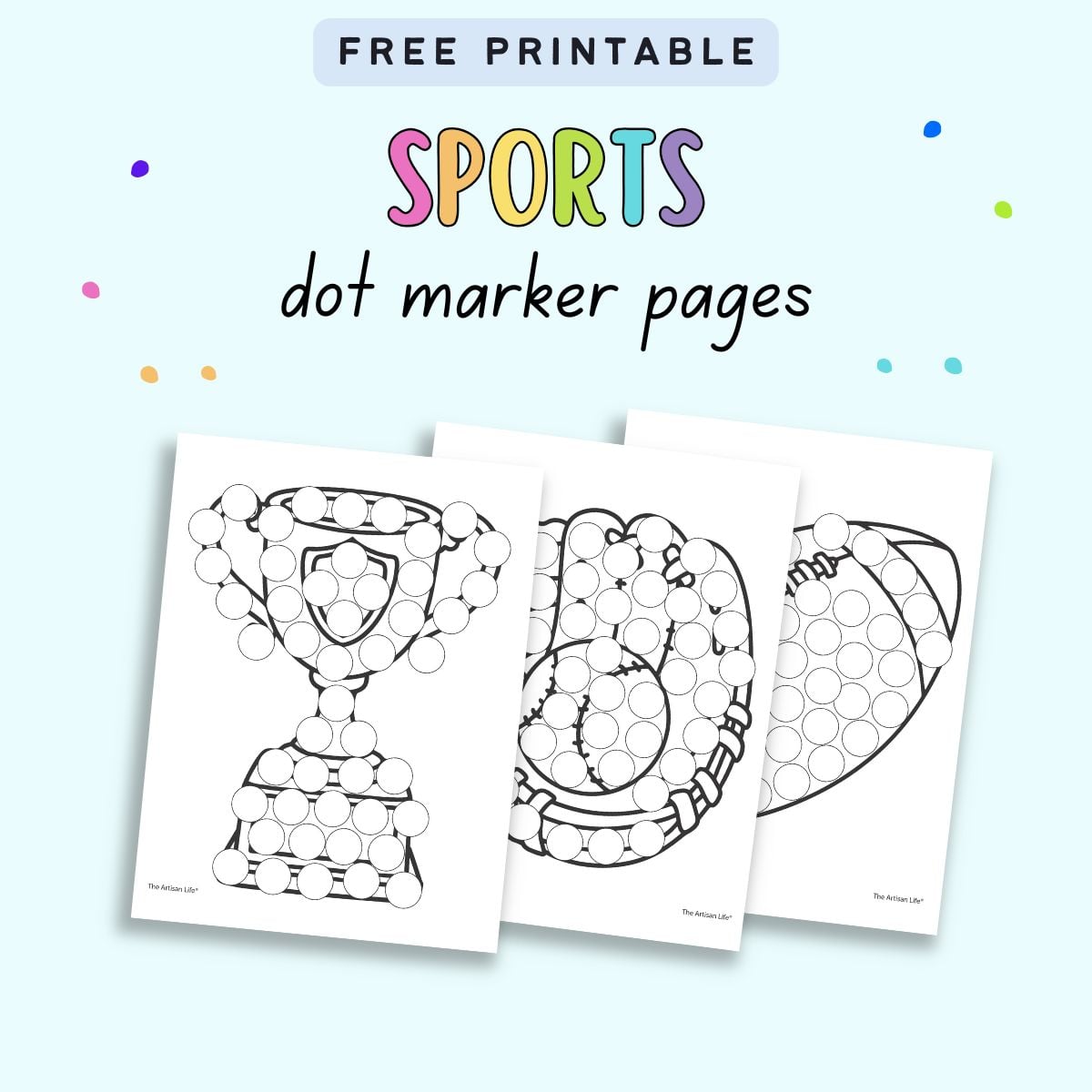 text "free printable ports dot marker pages" with a preview of three sports themed dot marker coloring sheets. One has a trophy, another a baseball glove, and the third a football