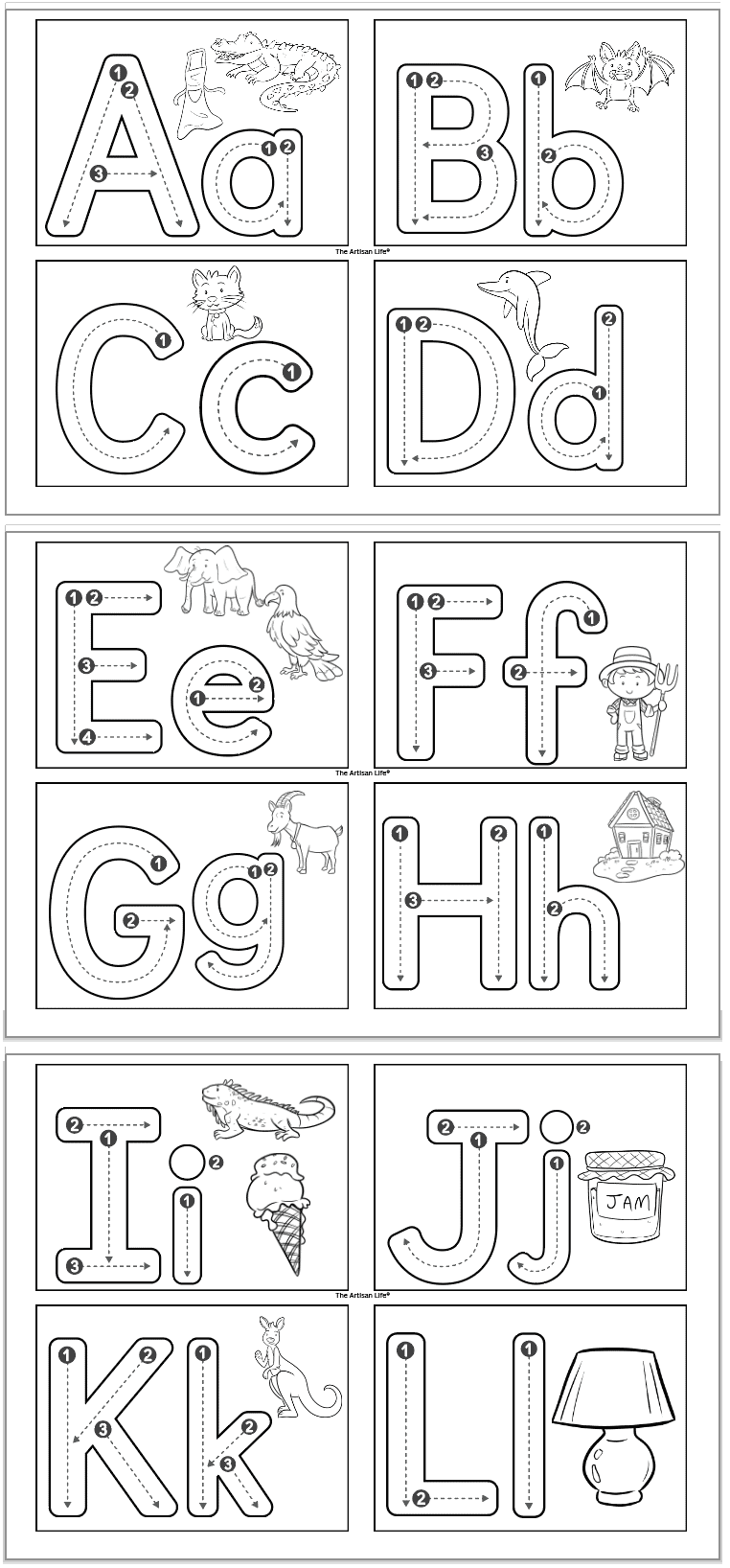 alphabet tracing cards with starts with images and correct letter formation graphics a-L