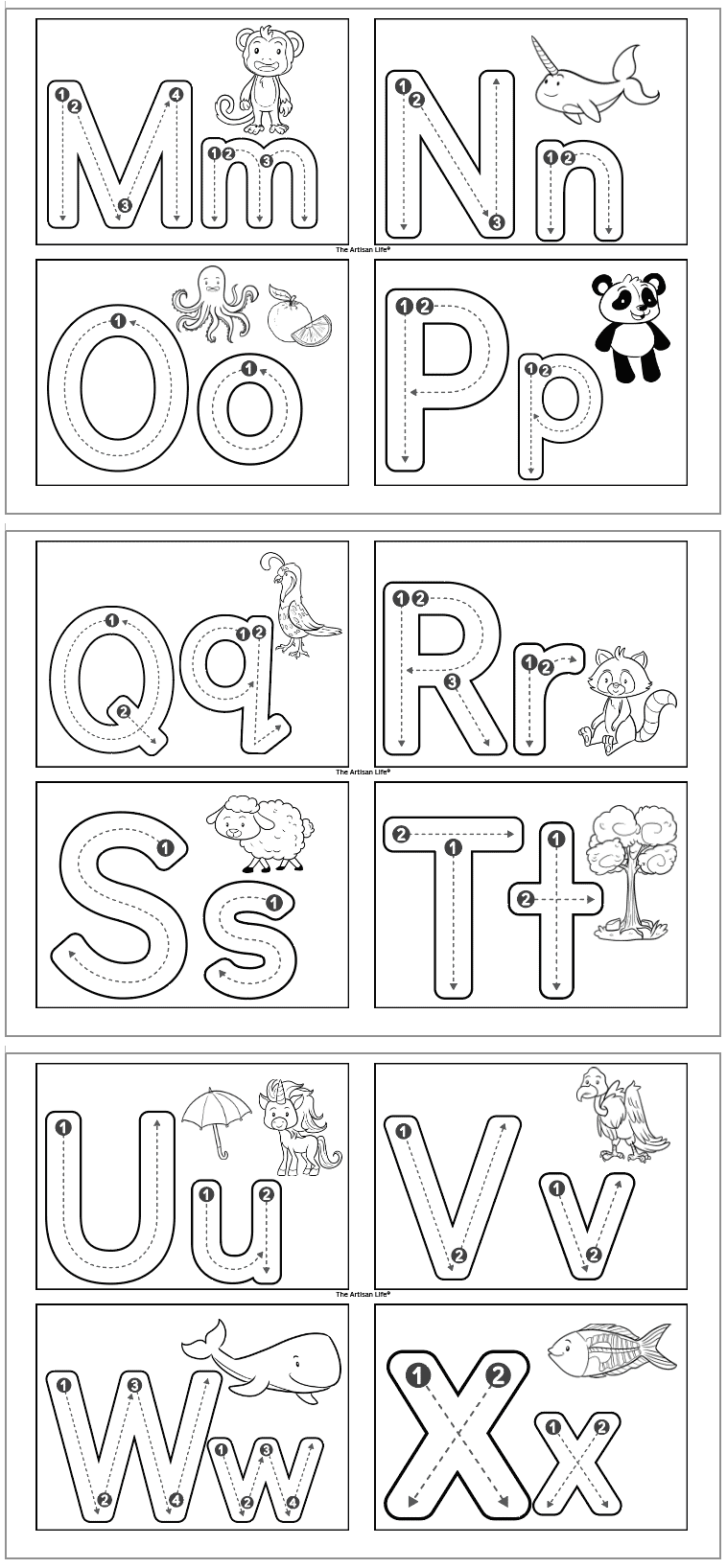 alphabet tracing cards with starts with images and correct letter formation graphics m-x