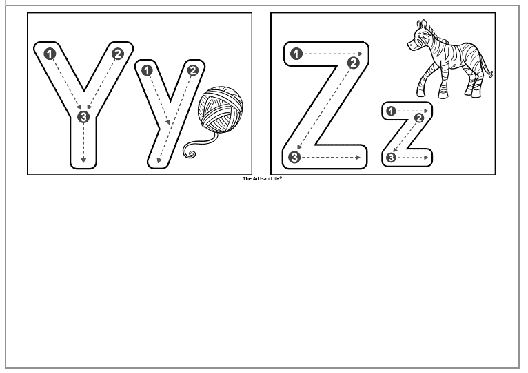 alphabet tracing cards with starts with images and correct letter formation graphics x and z