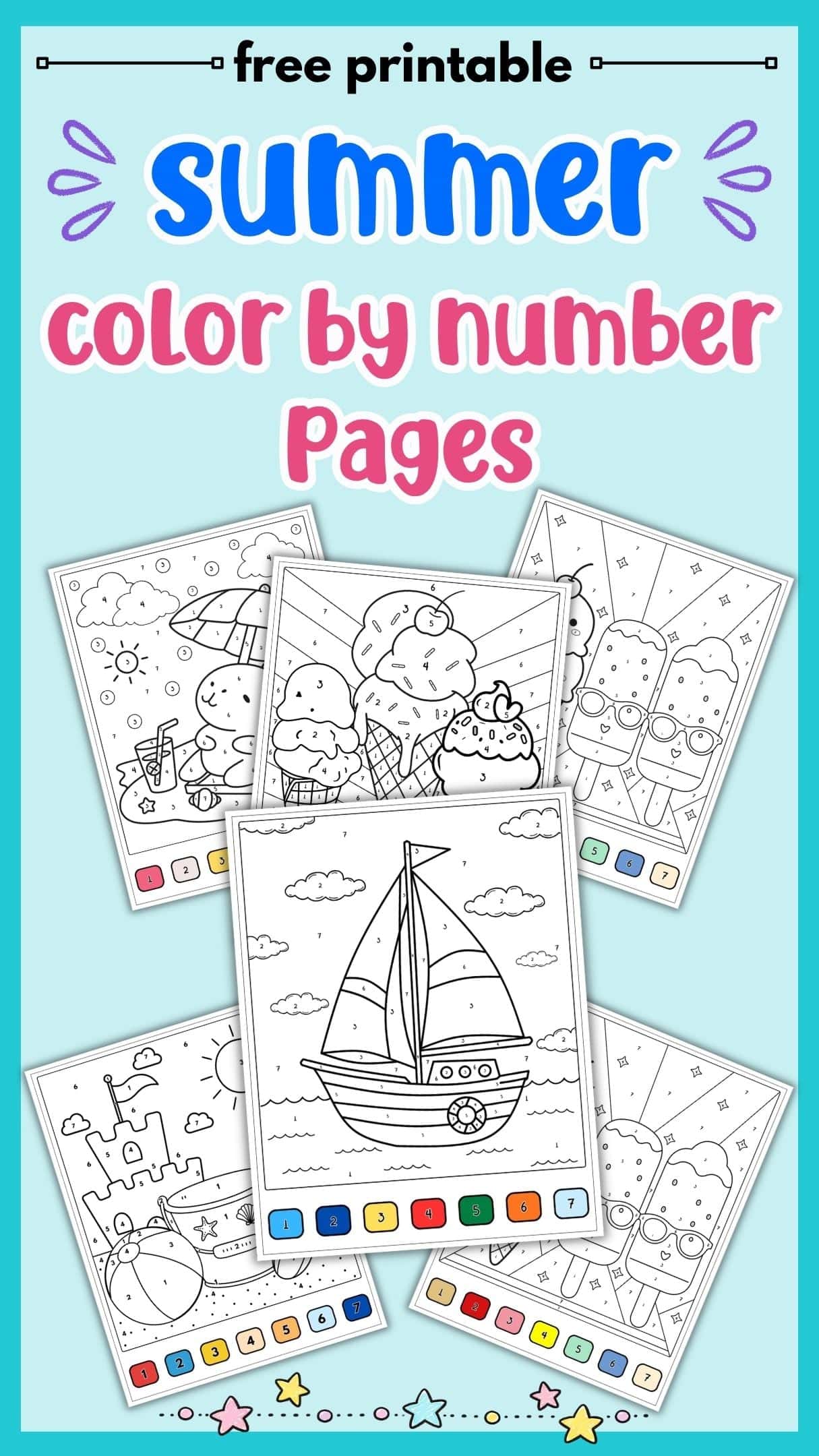 text "free printable summer color by number pages" with a preview of six color by number sheets