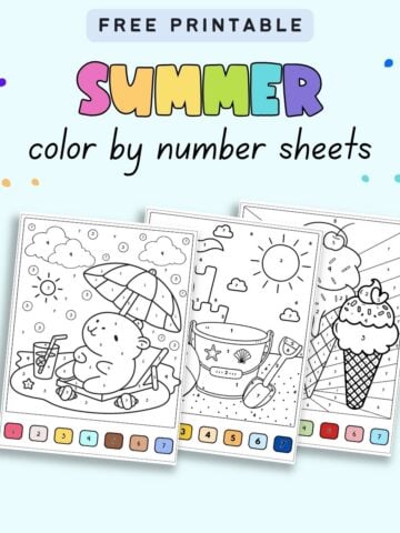text "free printable summer color by sheets" with a preview of three color by number pages with a color coded key