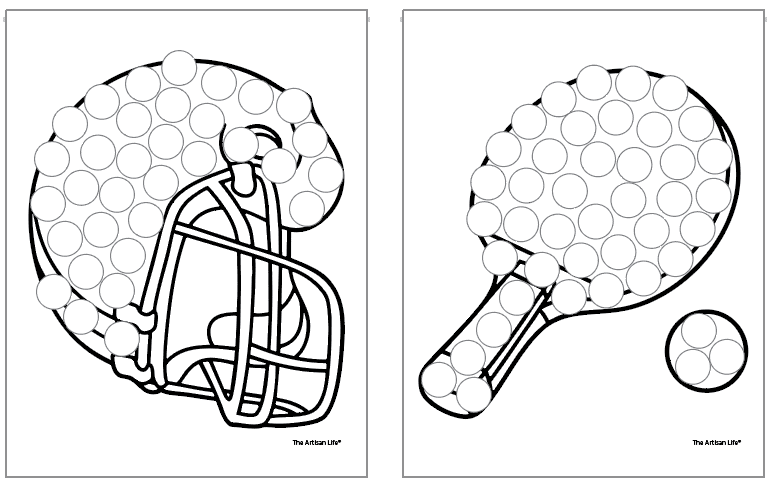 two sports themed dot marker pages. One shows a football helmet and the other a pickleball paddle