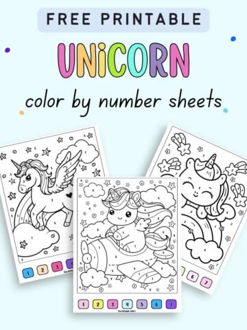 text "free printable unicorn color by number sheets" with a preview of three unicorn color by number pages