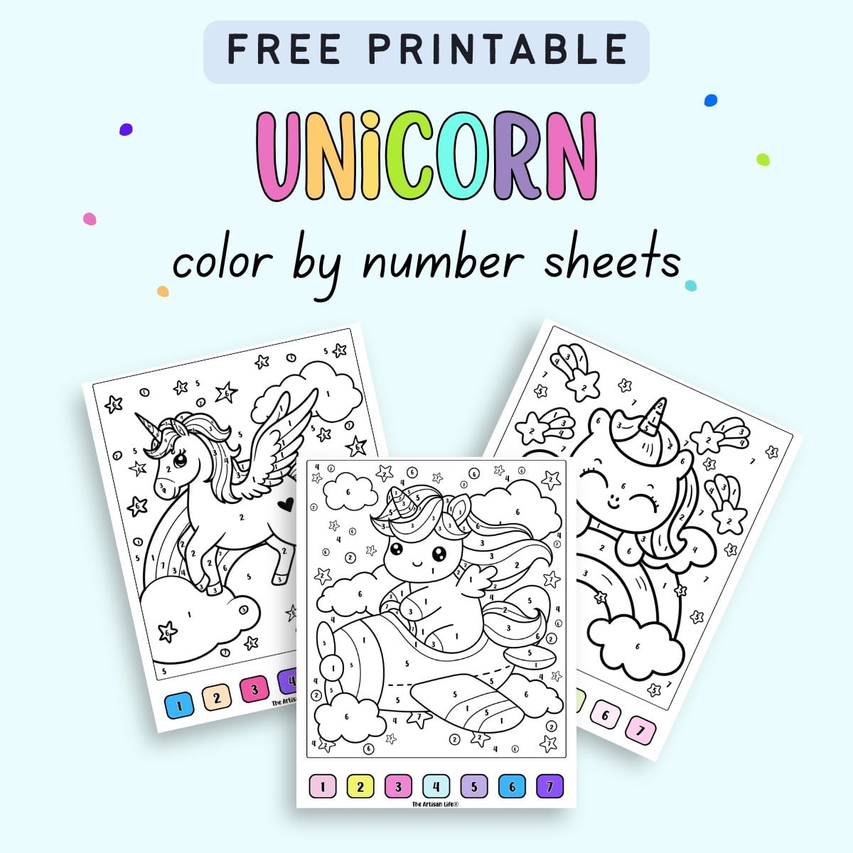 text "free printable unicorn color by number sheets" with a preview of three unicorn color by number pages