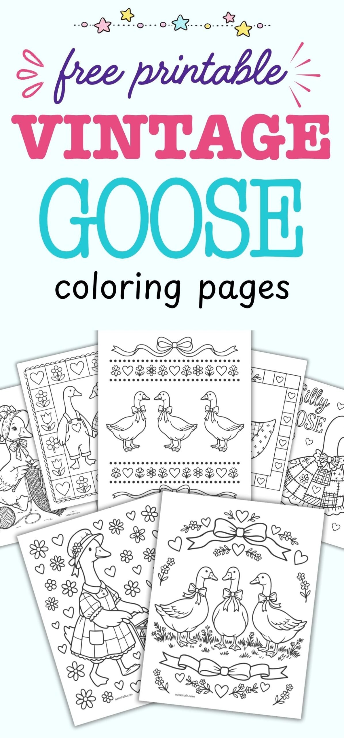 text "free printable vintage goose coloring pages" with preview images of vintage style geese with hearts, bows, and flowers